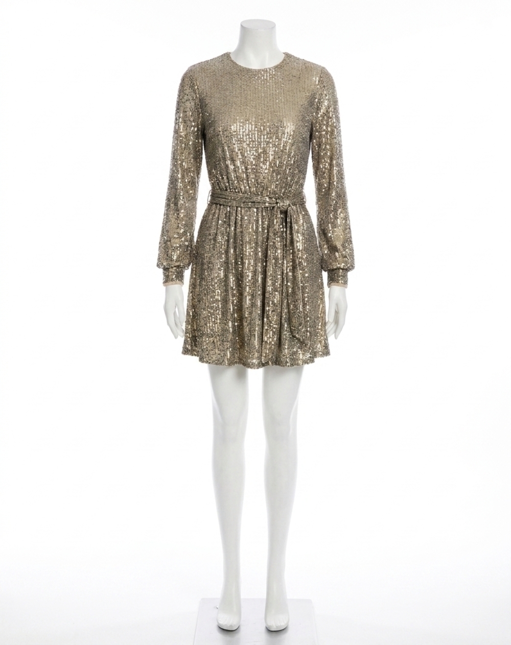 NEW MAC DUGGAL sequin belted cocktail dress in taupe